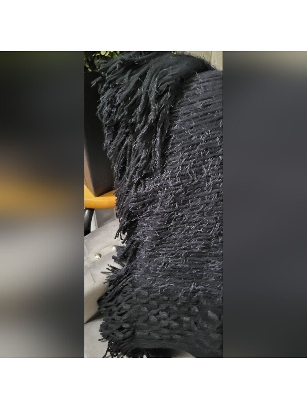 Black Textured Knit Poncho with Fringe Sides | Cozy Boho Fall & Winter Layer - Picture 7 of 7
